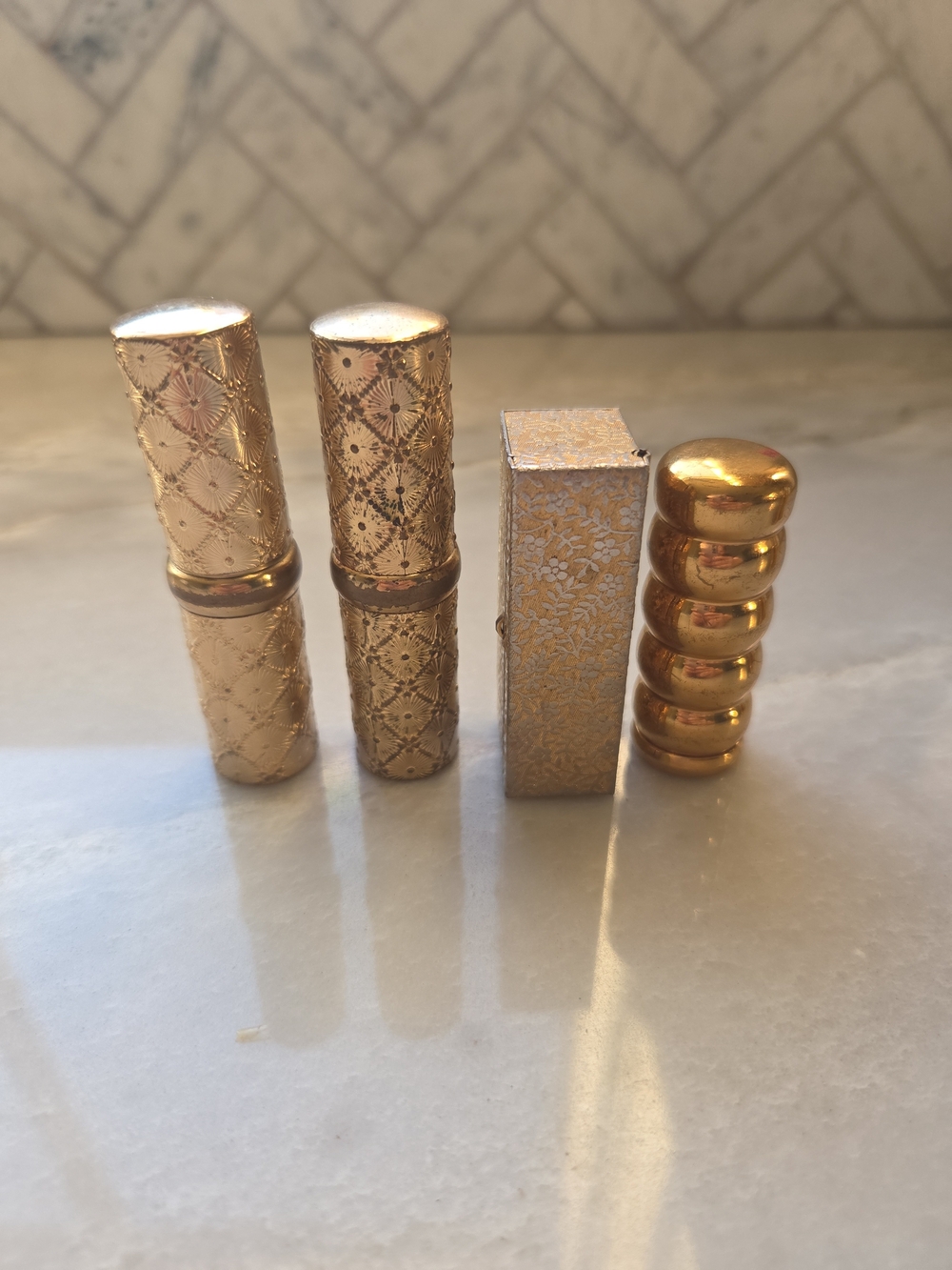 Vtg Mid-Cent Gold Lipstick Lot Helena Rubinstein Wedding Band & Avon Mirror Case